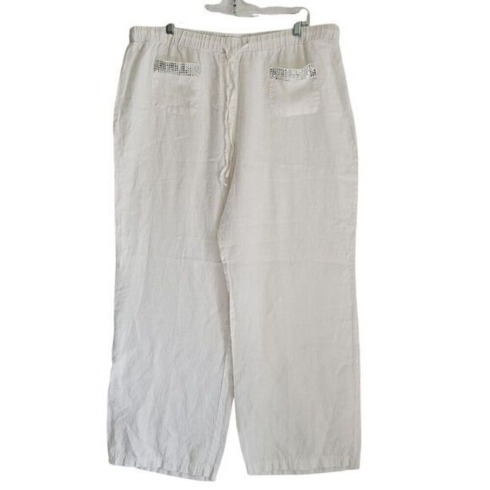 Womens Wide Leg Pants White 100% Linen Rhinestones Elastic Waist Pockets Beachy‎